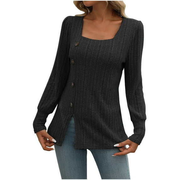 Ribbed Knit Sweaters for Women Side Slit Square Neck Button Long Sleeve Tunic Blouses Fall Trendy Solid Color Loose Casual Tops