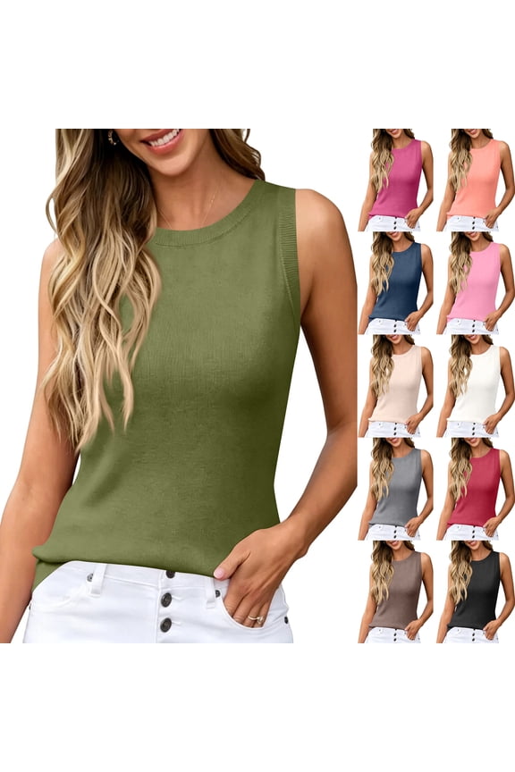 Ribbed Knit Tank Top for Women, Sleeveless Crew Neck Vest - Casual Summer Layering Basic Shirt Coffee L