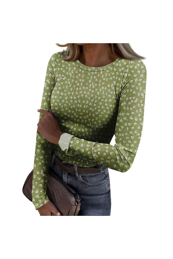 Ribbed Knit Tops for Women Long Sleeve Crewneck Slim Fitted Floral Print Basic Tee Blouses