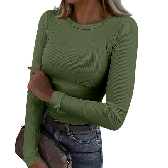 Ribbed Knit Tops for Women Slim Fitted Long Sleeve Shirts Crewneck Basic Tee Blouses