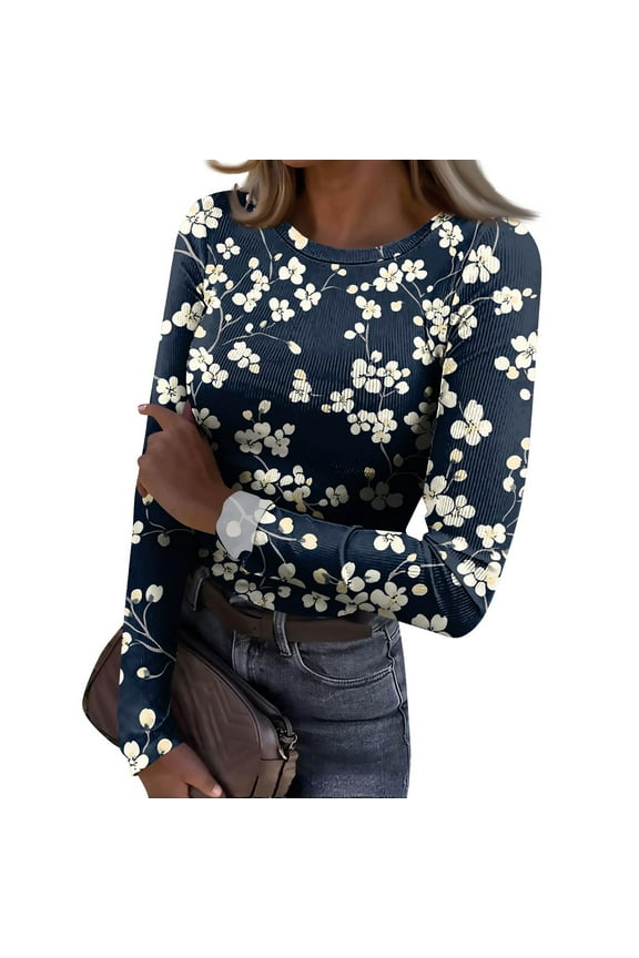 Knit Tops for Women Stretch Crew Neck Long Sleeve Ribbed T Shirts Slim Fit Casual Layer Tops