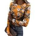 thumbnail image 1 of Ribbed Knit Tops for Women Slim Fitted Long Sleeve Shirts Crewneck Floral Print Basic Tee Blouses, 1 of 5