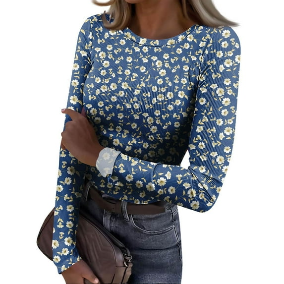 Ribbed Knit Tops for Women Slim Fitted Long Sleeve Shirts Crewneck Floral Print Basic Tee Blouses