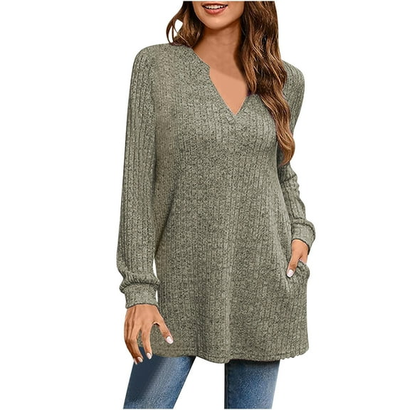 Ribbed Knit Tunic Tops for Women Fall Winter Casual V Neck Loose Sweater with Pocket Side Split Trendy Blouses (S, Green)