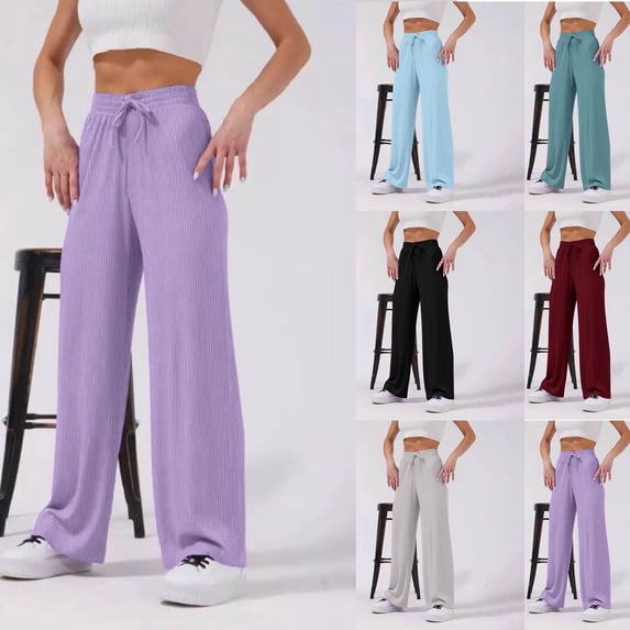 Ribbed Knit Wide Leg Pants, High Waisted Elastic Waist Joggers Sweatpants Lounge Pants, Casual Daily Athleisure Wear, Relaxation Gifts for Women | CSEONE,Wine XL