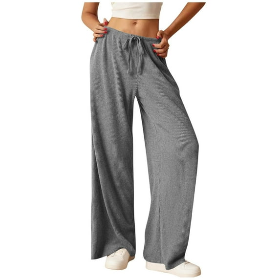 Ribbed Knit Wide Leg Pants for Women Elastic Mid Waist Comfy Loose Soft Knitted Sweater Pants with Drawstring Solid Color Pajama Bottoms
