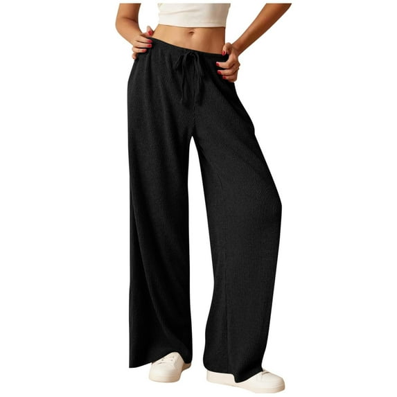 Ribbed Knit Wide Leg Pants for Women Elastic Mid Waist Comfy Loose Soft Knitted Sweater Pants with Drawstring Solid Color Pajama Bottoms