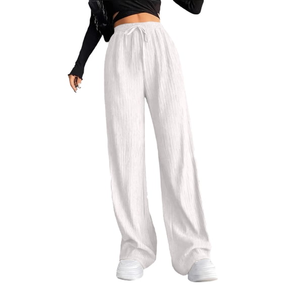 Ribbed Knit Wide Leg Pants for Women High Waisted Drawstring Pants Winter Travel Solid Color Loose Casual Trousers with Pockets