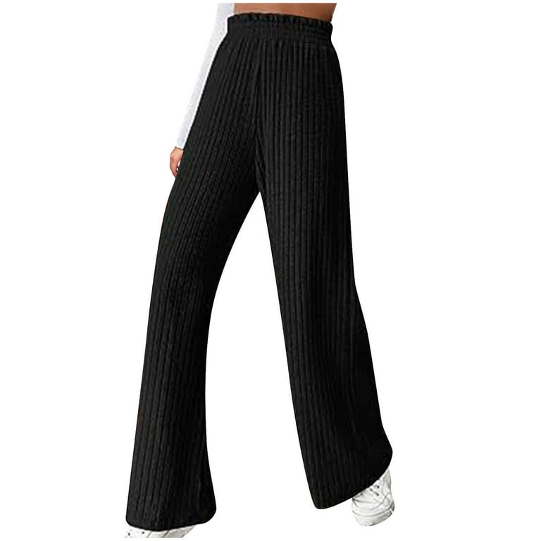 Ribbed Knit Wide Leg Pants for Women Trendy Comfy Ruffled High