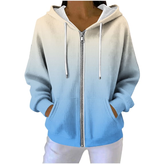 Ribbed Knitted Hoodies for Women Casual Gradient Long Sleeve Sweatshirt Full Zip Drawstring Jacket