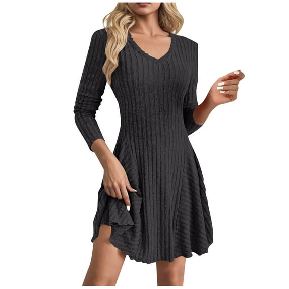 Ribbed Knitted Sweater Dress for Women Fall Long Sleeve V Neck Textured Dresses Casual Soft Comfy Lightweight Dress