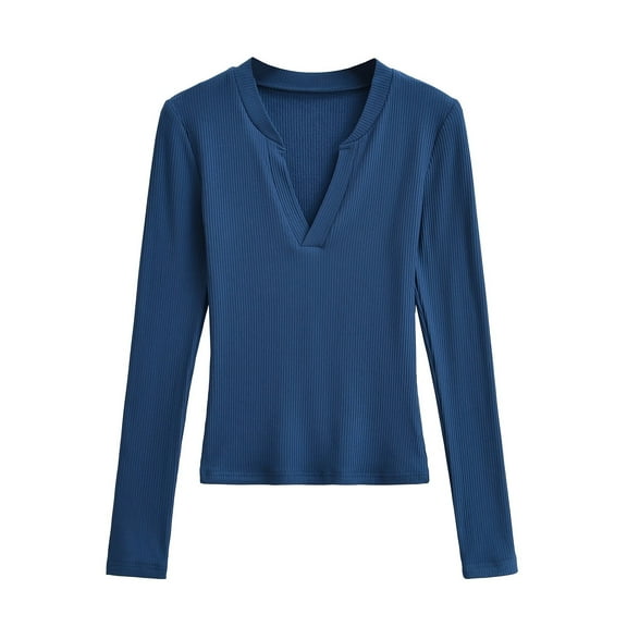 Ribbed Layering Tops for Women V Neck Long Sleeve Slimming Tees Soft Casual Basic Thermal Undershirts, Navy S