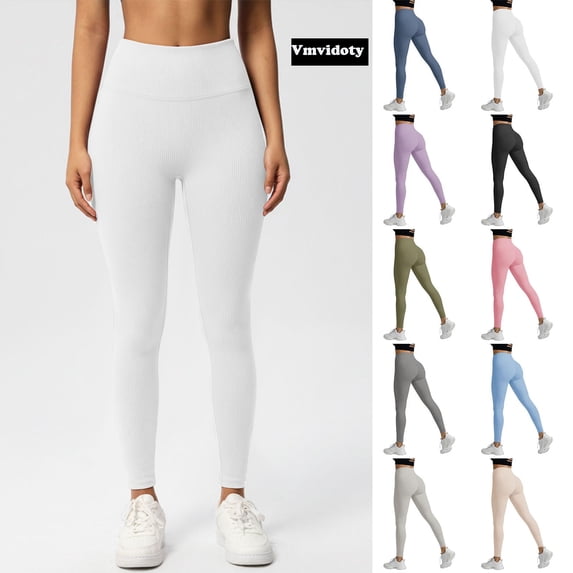 Ribbed Leggings Women High Waisted Yoga Pants Soft Ankle Length for Workout & Casual 2_White L