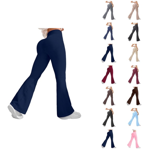 Ribbed Leggings for Women High Waisted Tummy Control Flared Leggings Stretch Soft Yoga Pants Lifting Workout Pants