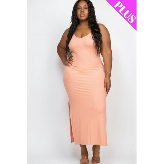 Ribbed Long Cami Dress with Side Slits, designed for plus sizes