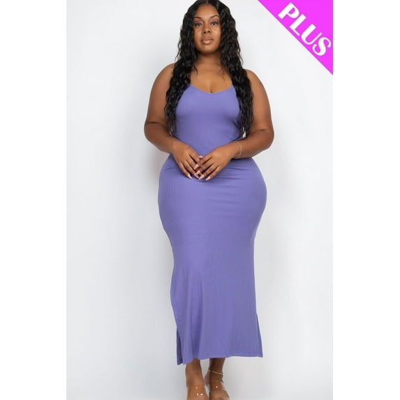 Ribbed Long Cami Dress with Side Slits, designed for plus sizes