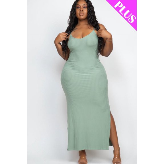 Ribbed Long Cami Dress with Side Slits, designed for plus sizes