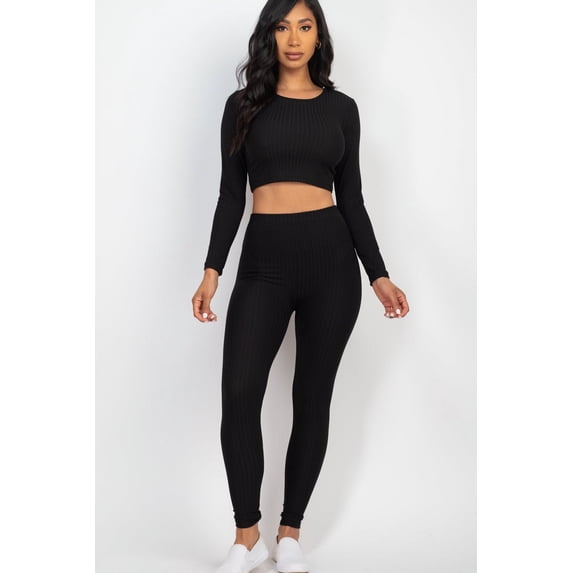 Ribbed Long Sleeve Crop Top and Leggings Ensemble