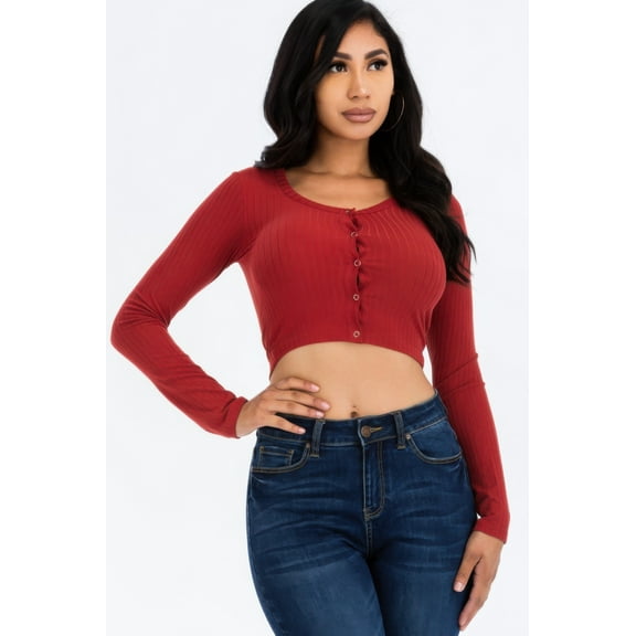 Ribbed Long Sleeve Snap Button Down Crop Top