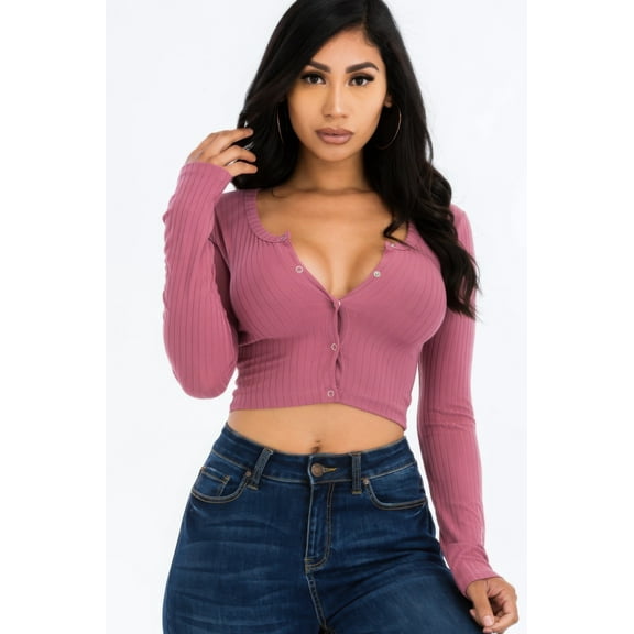 Ribbed Long Sleeve Snap Button Down Crop Top