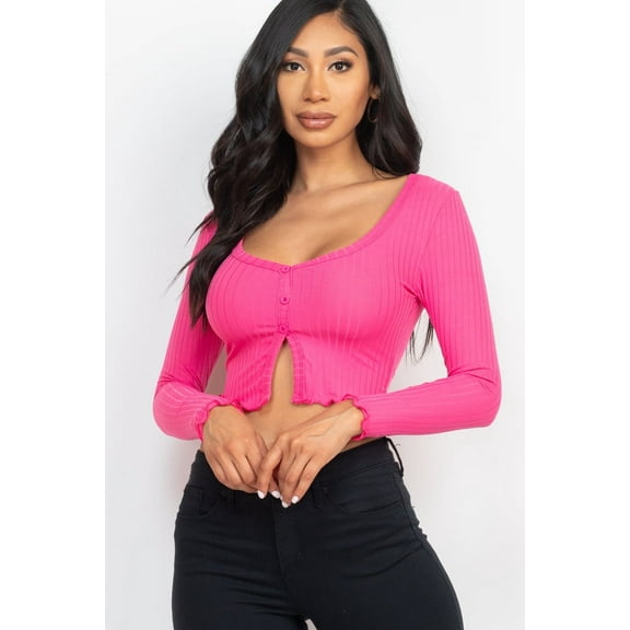 Ribbed Long Sleeve Top with Button Front and Split Hem