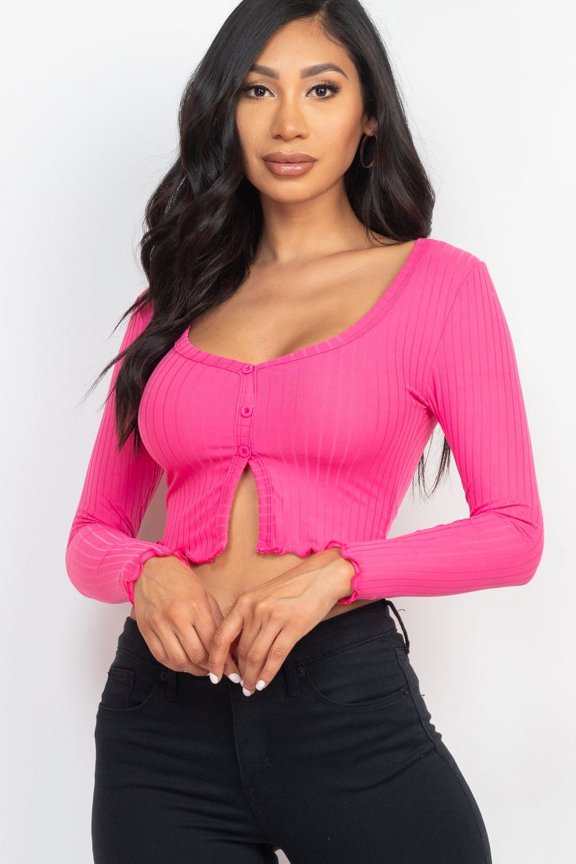 Ribbed Long Sleeve Top with Button Front and Split Hem