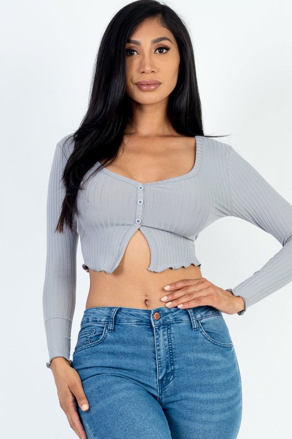 Ribbed Long Sleeve Top with Button Front and Split Hem