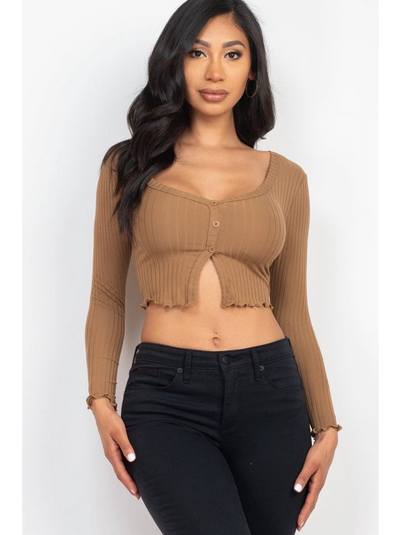 Ribbed Long Sleeve Top with Button Front and Split Hem