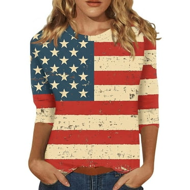 Ribbed Long Sleeve Tops For Women, 3/4 Shirts Women Of July Print Graphic Tees Blouses Casual Plus Size Basic Tops Pullover Womens Summer Thermal Tops Crop Workout Tops (4XL, Red) ZMTing
