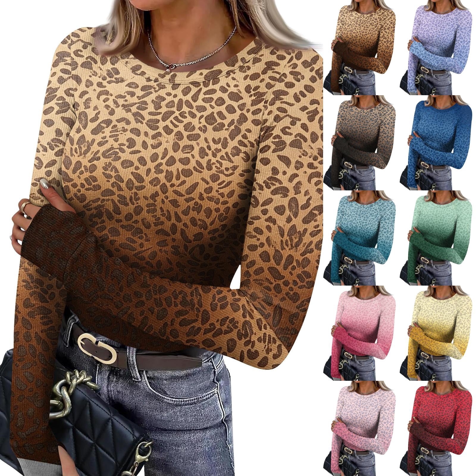 Pattern Beauty Merch Ribbed Long Sleeve Tops for Women Leopard Pattern Fitted Underscrub ...
