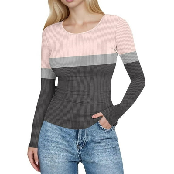 Ribbed Long Sleeve Tops for Women Slim Fitted Plaid Print Casual Crew Neck Pullover Knit Tees Basic Shirts (2XL, Pink #B)