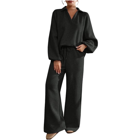 Ribbed Lounge Sets for Women 2 Piece Matching Pajamas Collared V Neck Long Sleeve Shirts & Elastic Waist Drawstring Pants Casual Loose Fit Clothes Fall Fashion Outfits Warm Pajama Matching Set