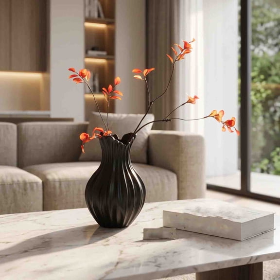 Ribbed Matte Ceramic Vase with Faux Branches – 8.3 x 5.1 Inches, Modern Flower Vase for Coffee Table, Bedside & Dining Centerpiece