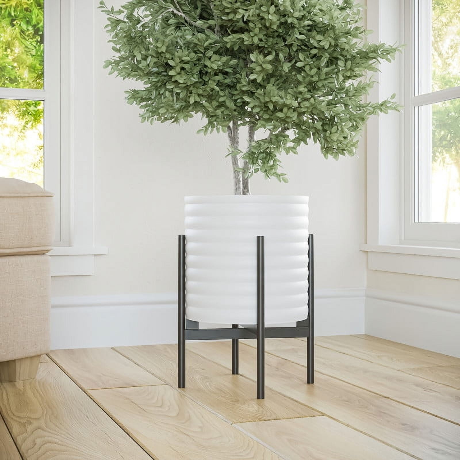 Ribbed Metal Planter Pot With 4-Leg Black Metal Base - White - 12"H x 9.5"W