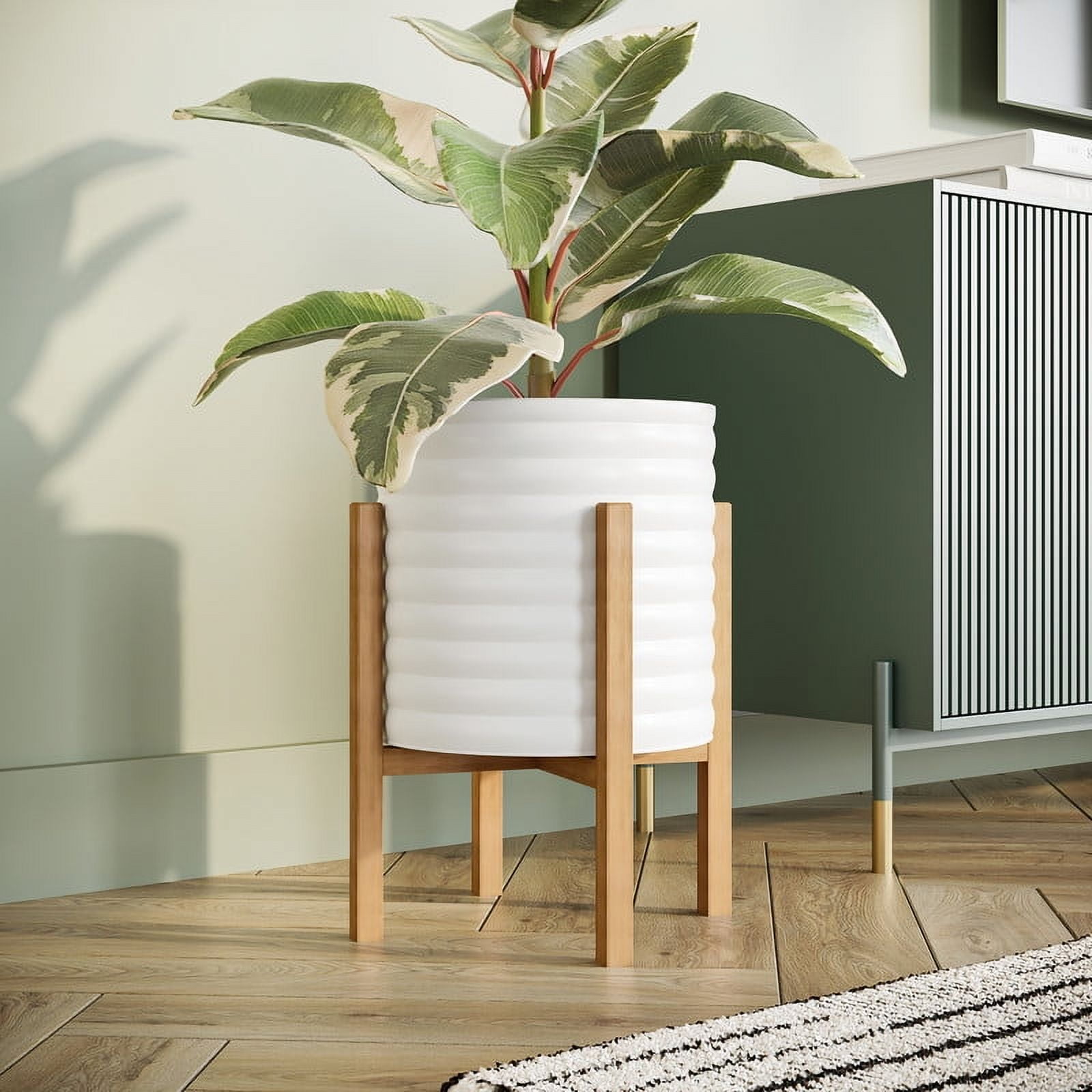 Ribbed Metal Planter Pot With 4-Leg Wood Base - White - 12