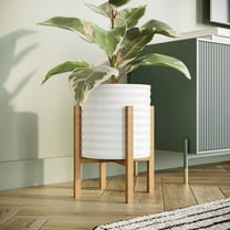 Ribbed Metal Planter Pot With 4-Leg Wood Base - White - 18.25"H x 14"W