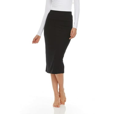 Ribbed Midi Skirt For Women By BGDK- Bodycon Pencil Skirt With Elastic Waist- Comfortable Stretchy Below The Knee Skirt - High Waist Fitted Skirt For Work, Office, Business, Church Black small