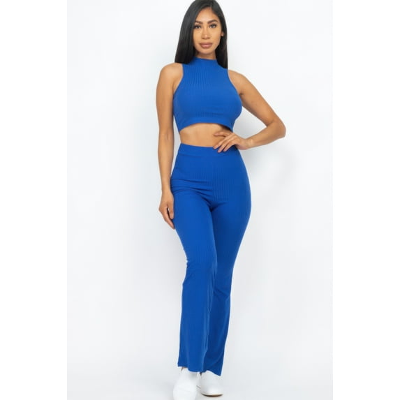 Ribbed Mock Neck Crop Tank Top & Bootcut Pants Set