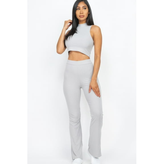 Ribbed Mock Neck Crop Tank Top & Bootcut Pants Set