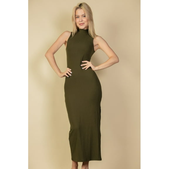 Ribbed Mock Neck Side Slit Sleeveless Bodycon Maxi Dress