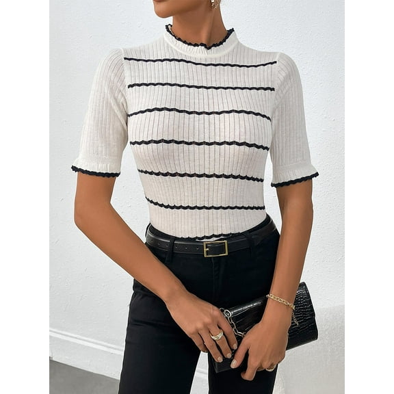 Ribbed Mock Neck Striped Sweater Top | Half Sleeve Slim Fit Women's Knit Shirt | Comfortable Stretch Knitwear