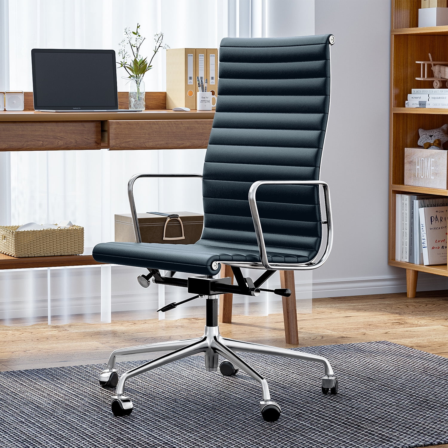 Ribbed Office Chair Genuine Leather Office Desk Chair High Back Executive Conference Room Chair Adjustable Computer Chair Swivel Chair with Arms for Home Office, Blue
