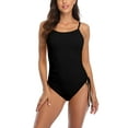 thumbnail image 1 of Ribbed One Piece Swimsuits for Women Tie Side High Cut Bathing Suits Padded Monokinis Black Large, 1 of 7