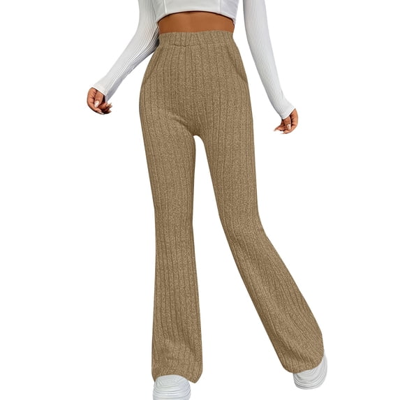 Ribbed Pants for Women, Audhol Women's Elastic Slim Fit Pants Sports Leisure Solid Color Brushed Strip Pocket Casual Pants Knit Pants for Women Khaki XL