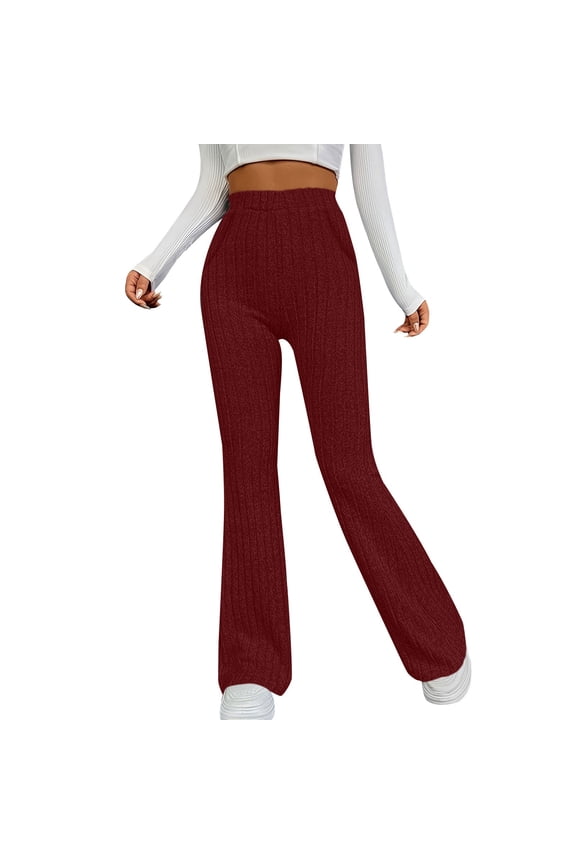 Ribbed Pants for Women, Audhol Women's Elastic Slim Fit Pants Sports Leisure Solid Color Brushed Strip Pocket Casual Pants Knit Pants for Women Wine XL