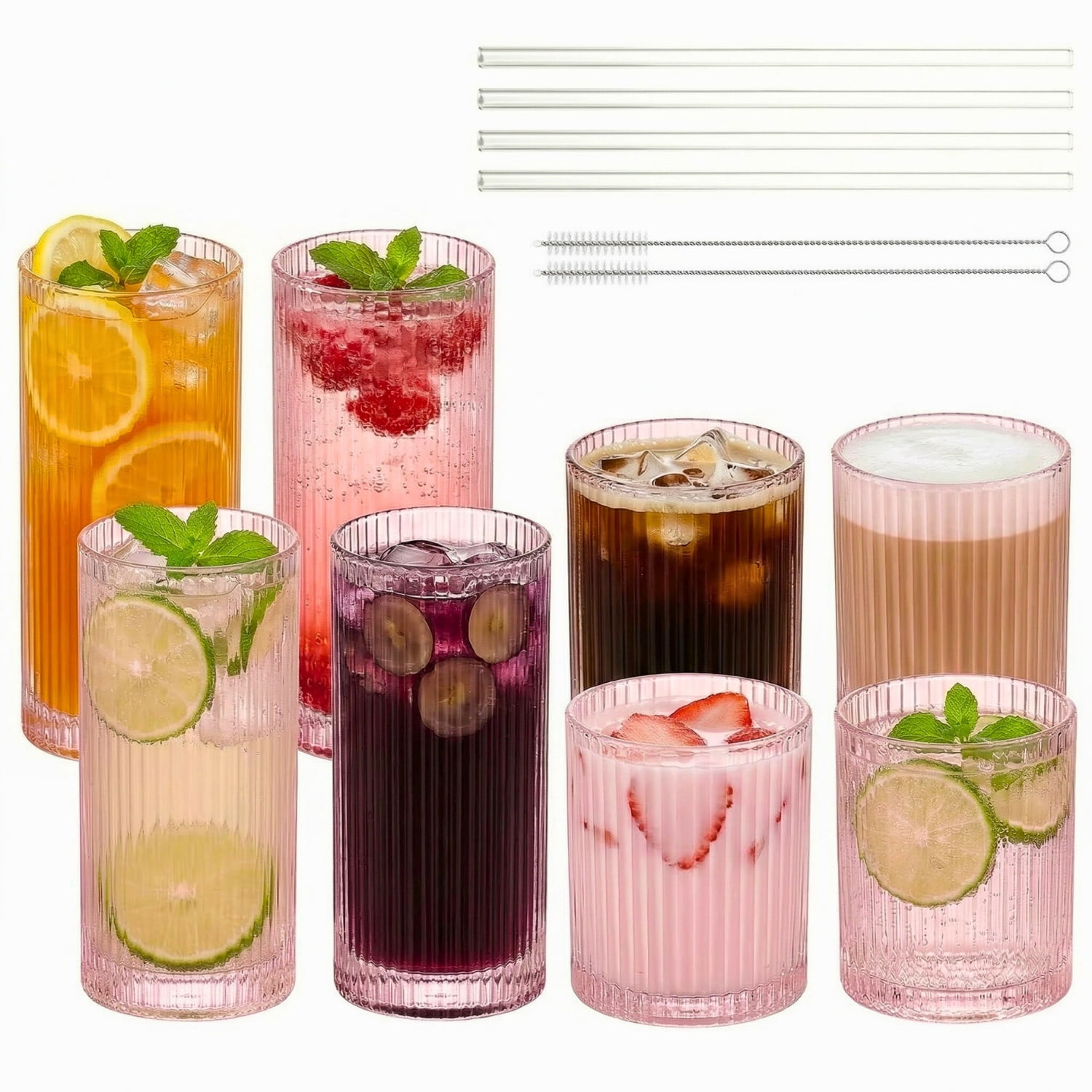 Ribbed Pink Drinking Glasses Set of 8, 4 Highball Glasses 13 oz & 4 Rocks Glasses 10 oz with Glass Straws, Vintage Embossed Glassware for Kitchen Home Bar
