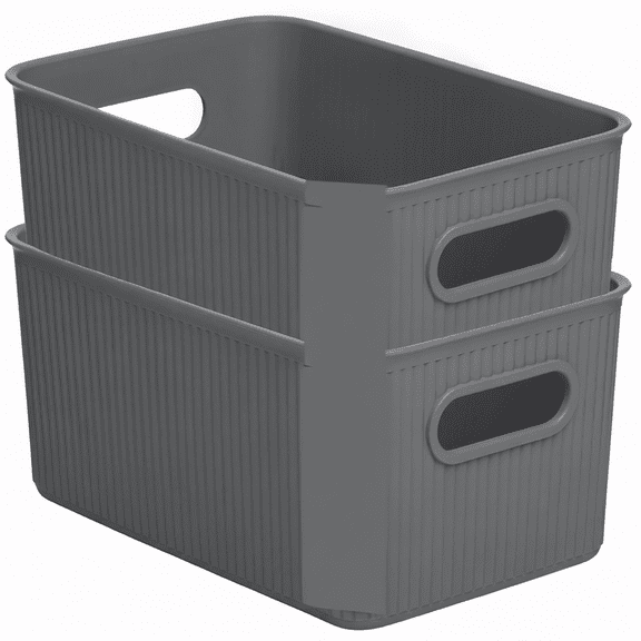 Ribbed Plastic Storage Basket Set of 2, Medium Grey, 5 Liter Decorative Organizer Bins for Closet, Shelves, Drawer, Kitchen, and Playroom