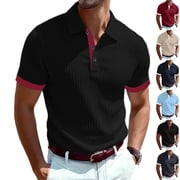 Ribbed Polo Shirts for Men Summer Casual Button Up Short Sleeve Shirts Textured Collared Cuban Shirt Knit Henley Tops Black L