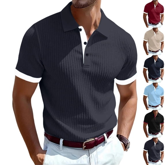 Ribbed Polo Shirts for Men Summer Casual Button Up Short Sleeve Shirts Textured Collared Cuban Shirt Knit Henley Tops Dark Gray M