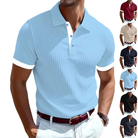 Ribbed Polo Shirts for Men Summer Casual Button Up Short Sleeve Shirts Textured Collared Cuban Shirt Knit Henley Tops Light Blue M